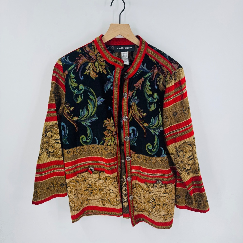 Sag Harbor Tapestry Blazer Jacket Size 12 Ornate Floral Red Gold Black Regency